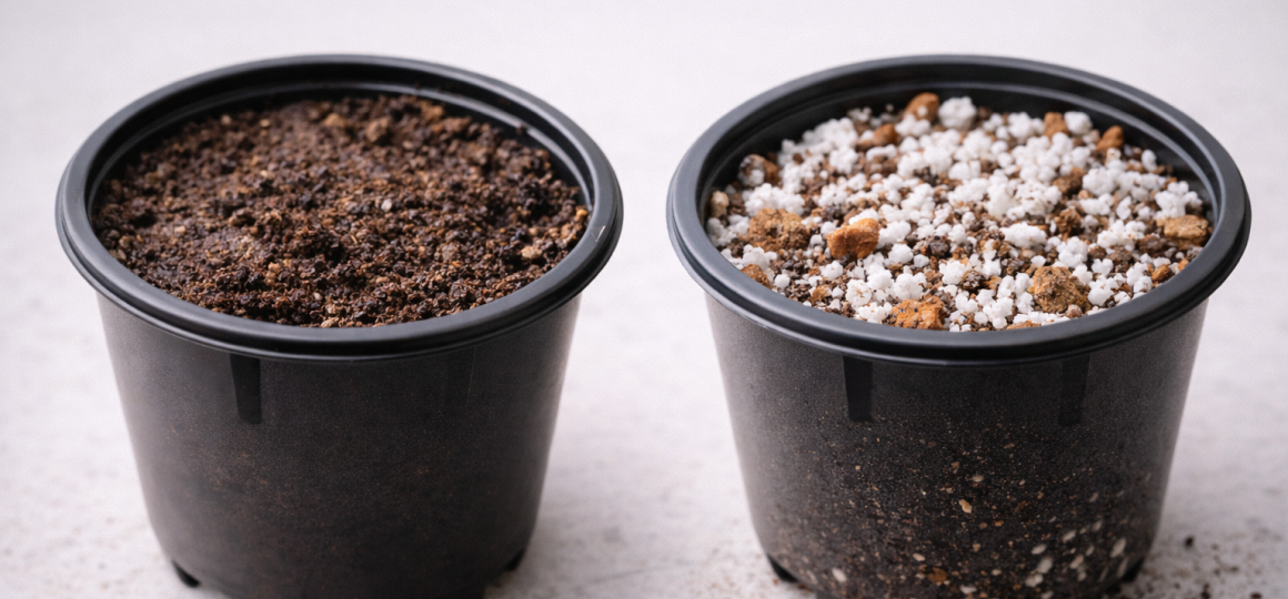 Сравнение обычного грунта и почвенной смеси с перлитом в пластиковых горшках