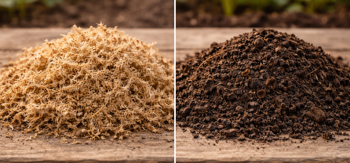 Сравнение органических компонентов почвы — слева сухой мох сфагнум для разрыхления и влагоудержания, справа плодородная садовая земля для посадки овощных культур
