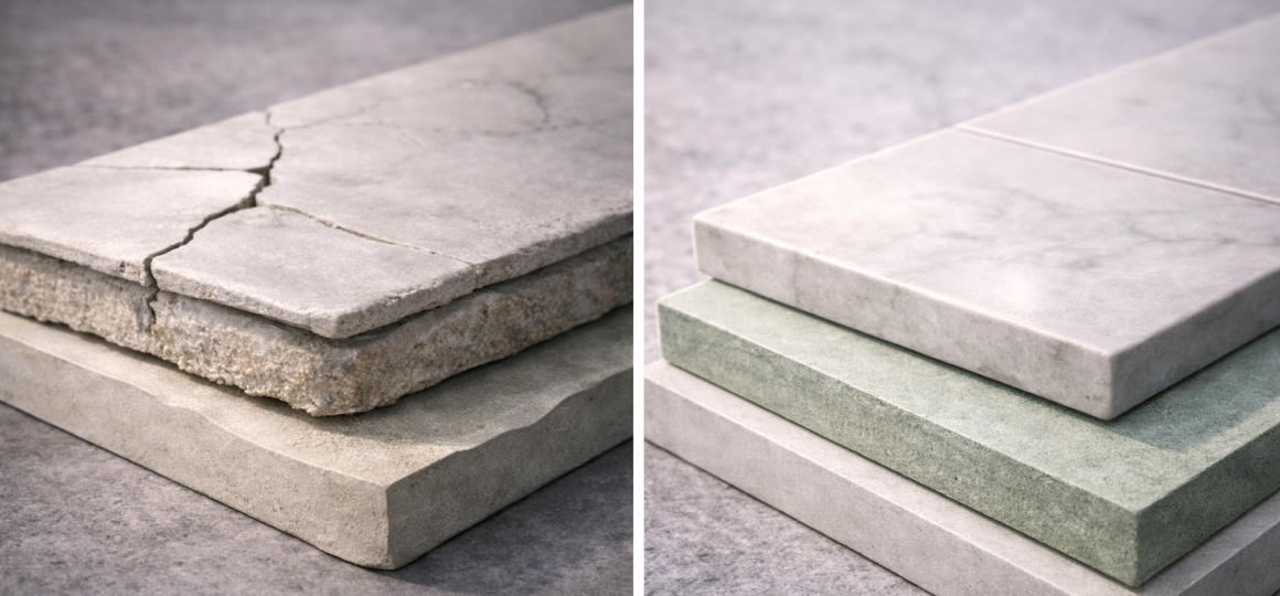 Сравнение поврежденной и правильно уложенной плитки на многослойном основании