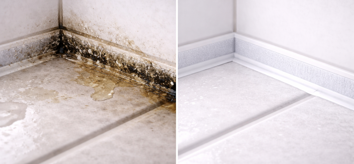 Сравнение примыкания плитки к стене до и после ремонта: слева грязный шов с плесенью и подтёками, справа чистый герметичный стык с новым бордюром и влагозащитой