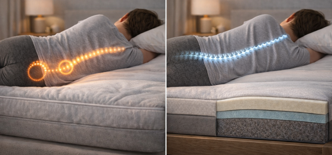 Сравнение провисающего матраса без поддержки и качественного мягкого ортопедического матраса с правильным положением позвоночника во время сна