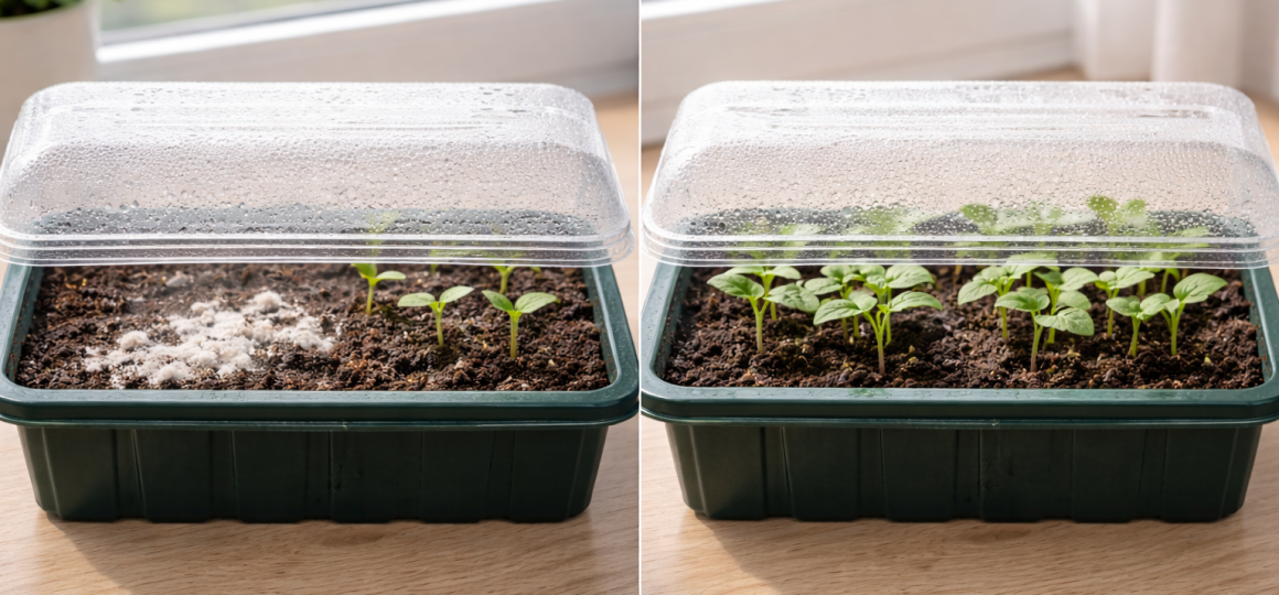 Сравнение рассады в парнике до и после устранения плесени и нормализации микроклимата