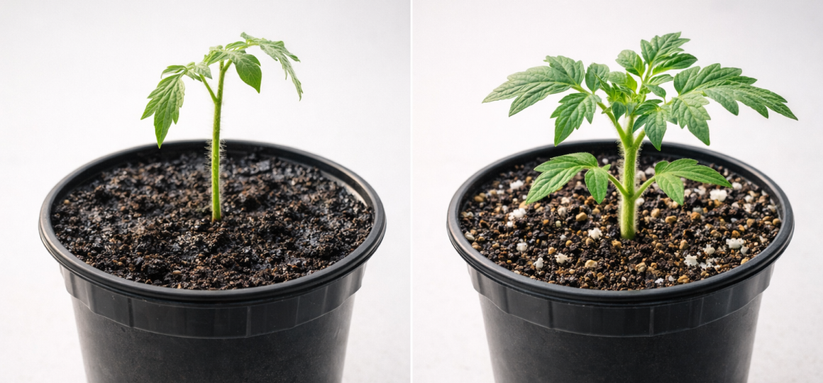 Сравнение слабой и здоровой рассады томата в пластиковых горшках