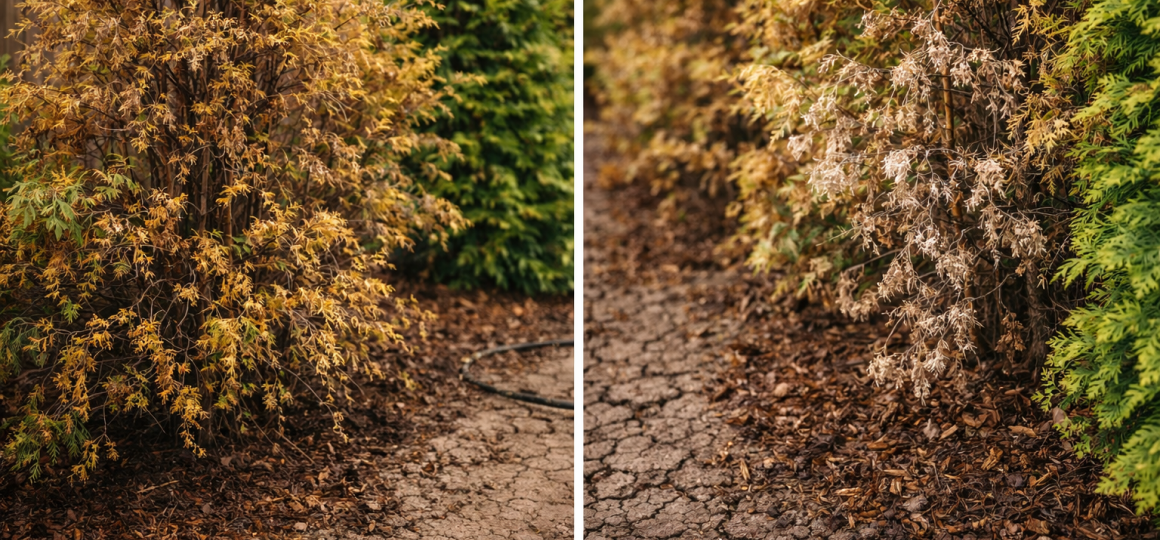 Сравнение состояния декоративных кустарников без мульчирования и с правильным уходом за почвой