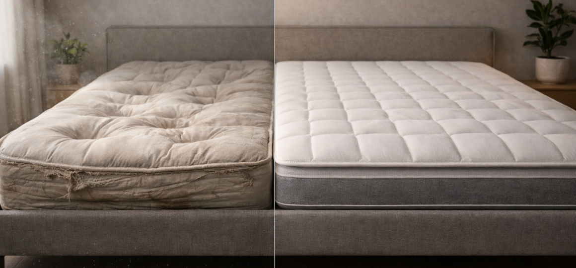 Сравнение старого продавленного матраса и нового ортопедического матраса на кровати