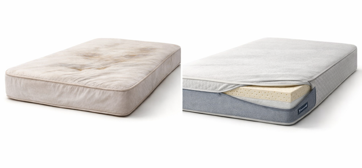 Сравнение старого загрязненного матраса с пятнами и нового современного ортопедического матраса с чистым чехлом и анатомическим наполнением