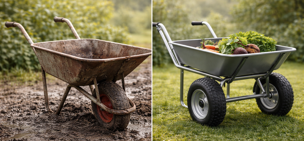 Сравнение старой ржавой одноколесной тачки и современной садовой тележки с двумя колесами и прочным кузовом, используемой для перевозки урожая на участке