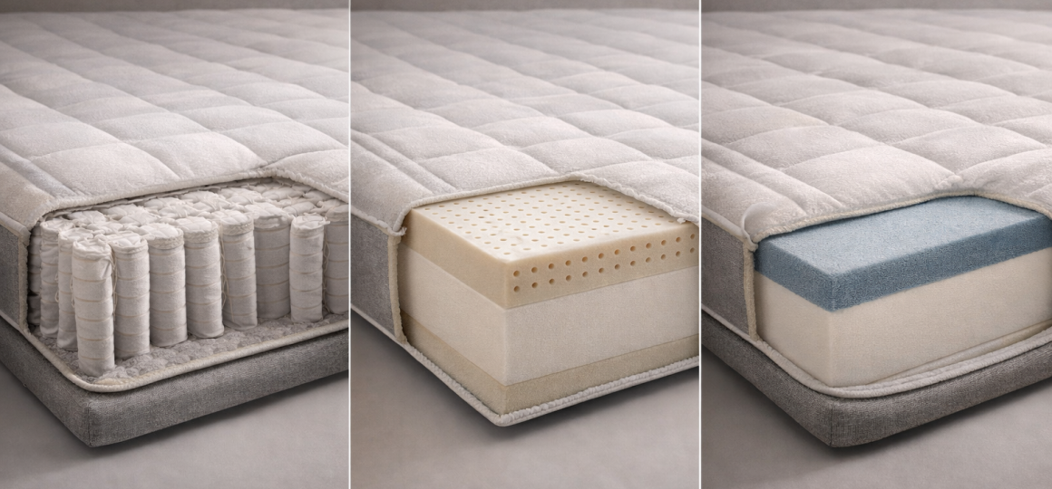 Сравнение внутреннего устройства матрасов: независимый пружинный блок, латексный слой и пенный наполнитель для поддержки позвоночника и комфортного сна
