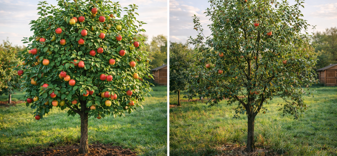 Сравнение яблони до и после обрезки, формирование кроны плодового дерева в саду
