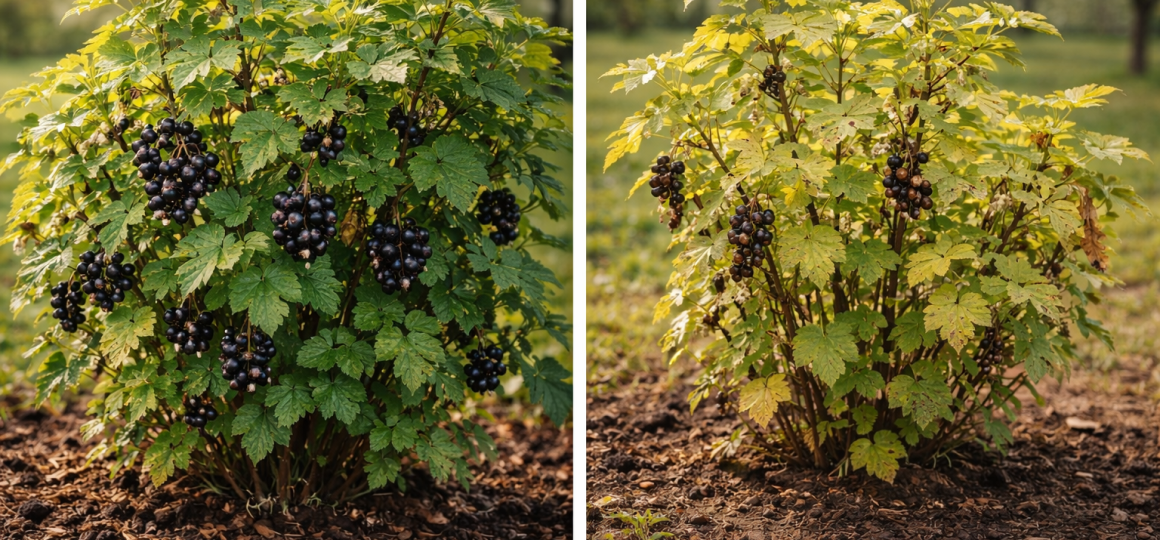 Сравнение здорового и ослабленного куста черной смородины с ягодами