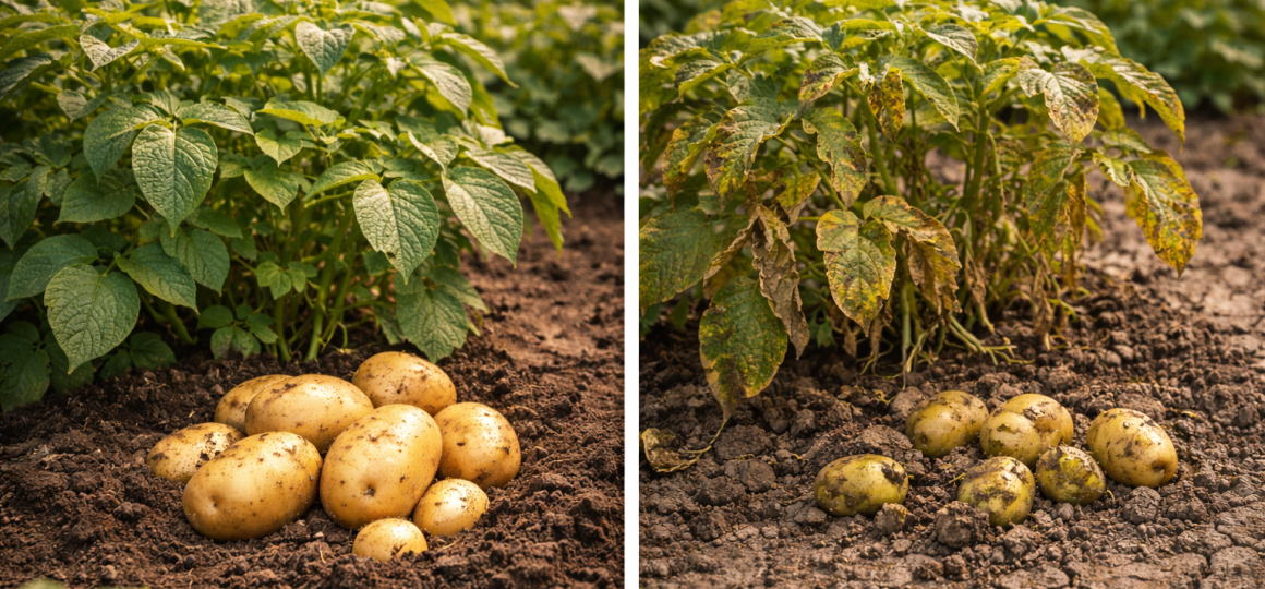 Сравнение здорового и ослабленного куста картофеля с урожаем клубней на грядке