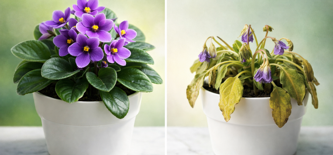 Сравнение здоровой цветущей фиалки и увядающего растения с желтыми листьями в белых горшках.