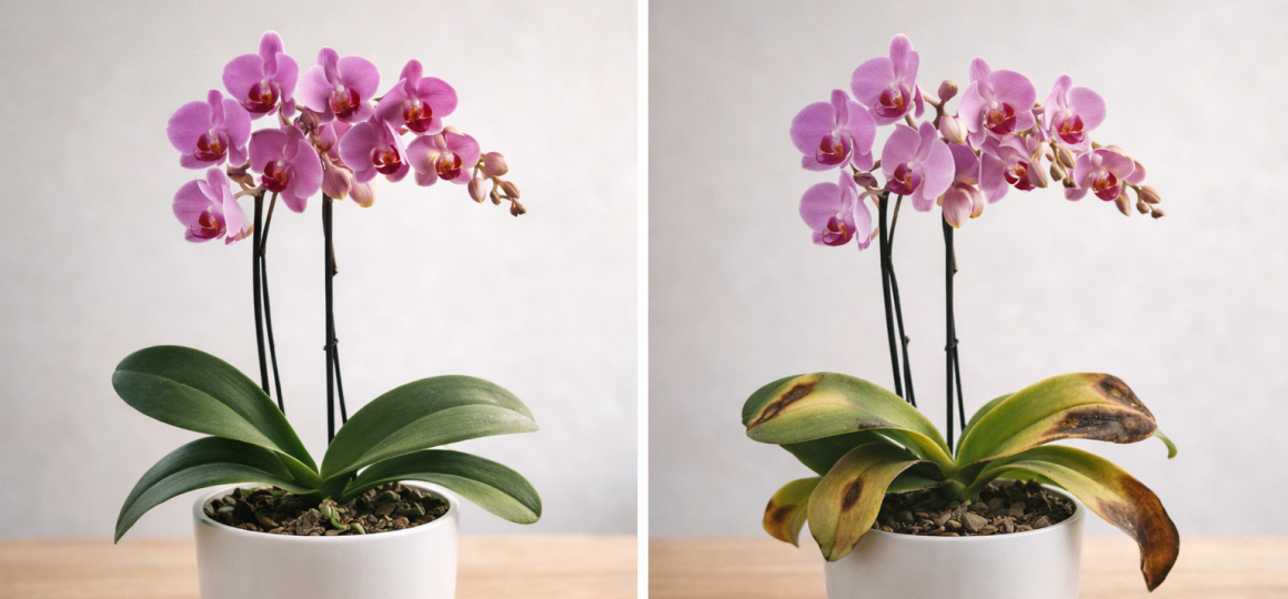 Сравнение здоровой и повреждённой орхидеи в горшке: слева зелёные листья, справа листья с пятнами и признаками болезни