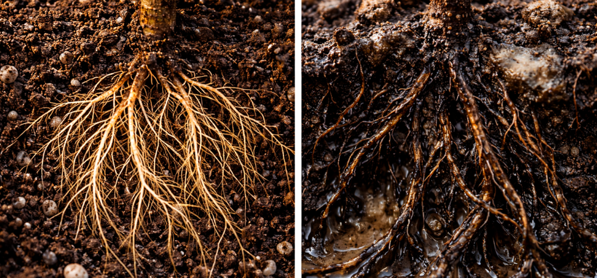 Сравнение здоровой корневой системы растения и корней при переувлажнении почвы