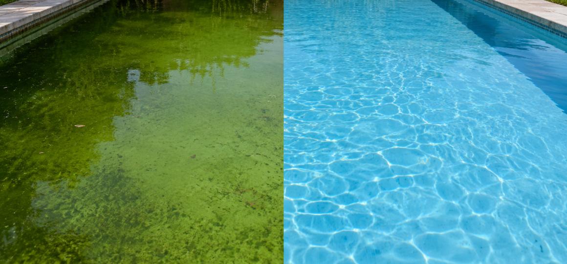 Сравнение зеленой загрязненной воды в бассейне с водорослями и чистой голубой прозрачной воды после обработки химией и правильного ухода за бассейном