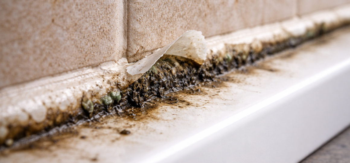 Старый шов герметика на примыкании ванны к плитке: отслоение, грязь и плесень в стыке — причина протечек и неприятного запаха в санузле