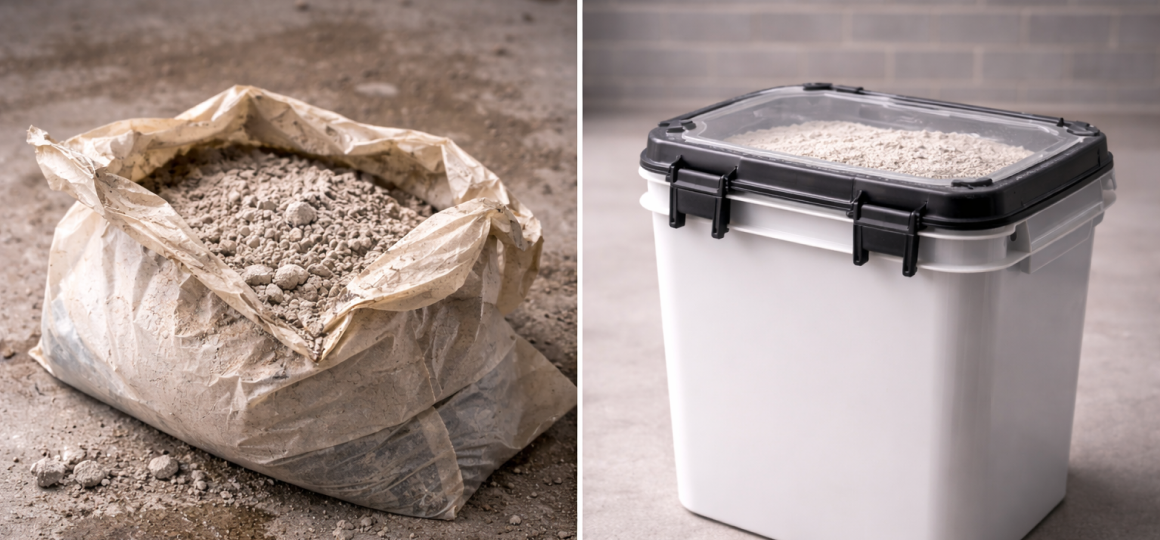 Сухая строительная смесь в мешке и герметичном пластиковом контейнере для хранения