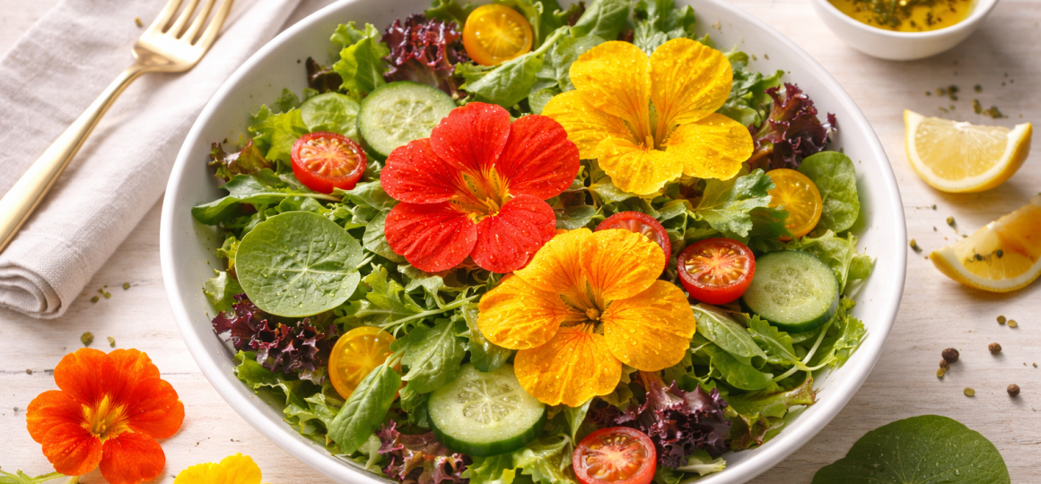 Свежий овощной салат с листьями салата огурцом помидорами и цветами настурции