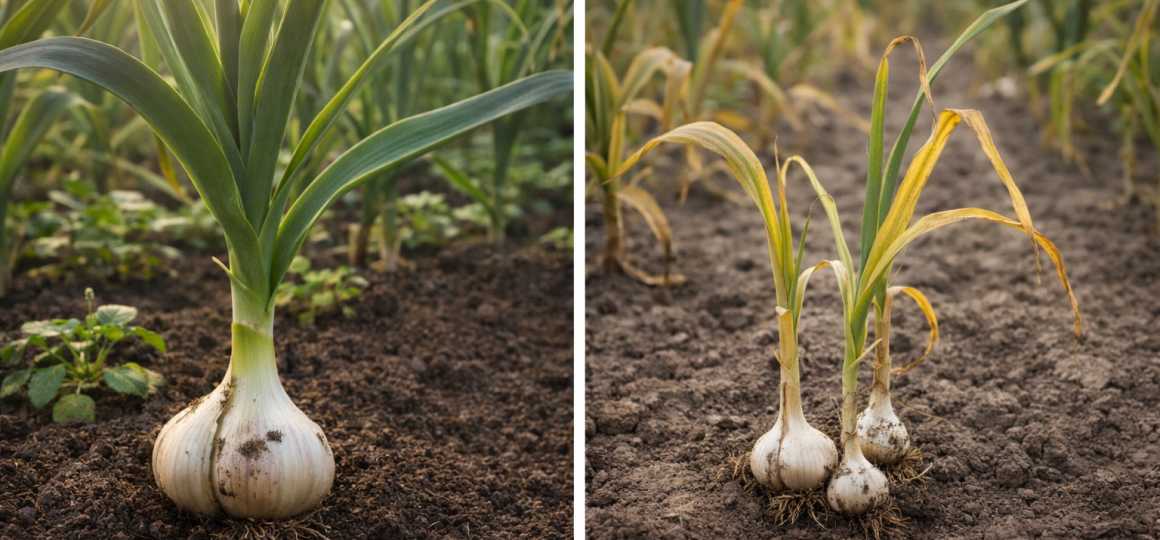Сравнение здорового и ослабленного лука на грядке в почве