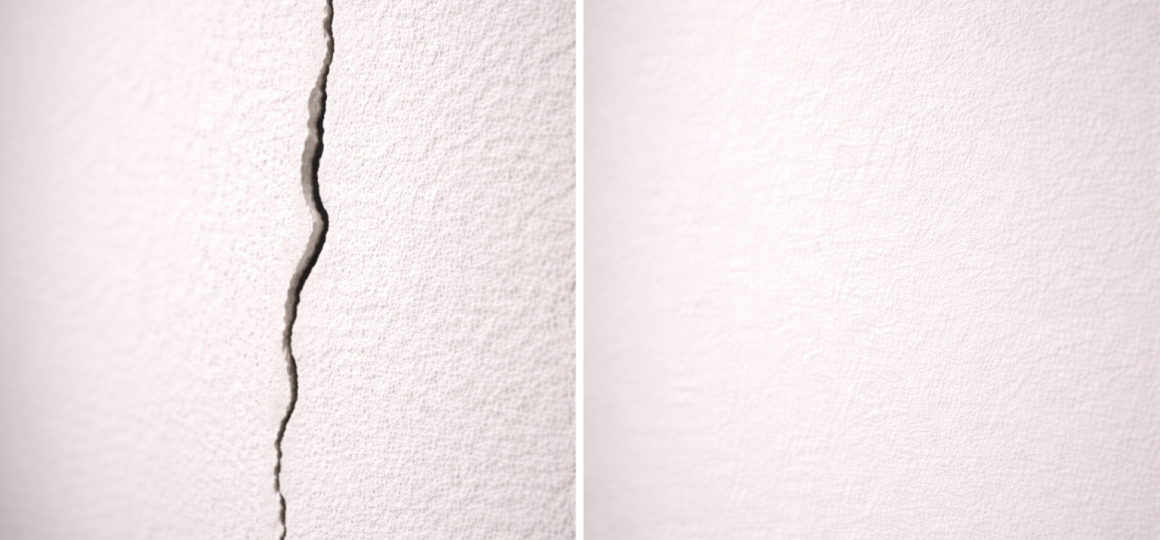 Трещина на белой оштукатуренной стене и результат ремонта с ровной поверхностью