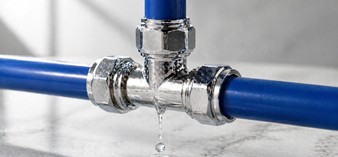 Тройниковое соединение синей трубы с металлическим фитингом и протечкой воды