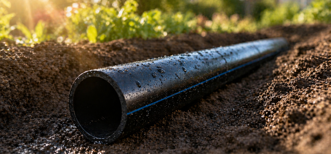 Труба ПНД в траншее для подземной прокладки водоснабжения на участке