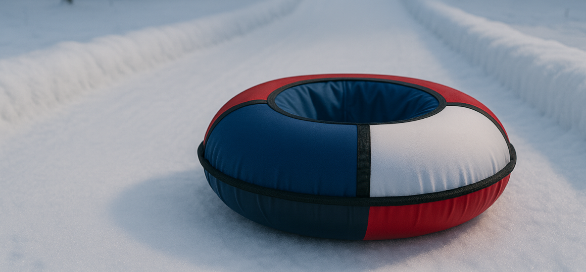 Тюбинг с плотным чехлом и мягкими бортами на безопасной пологой горке с ровным снежным покрытием в зимнем лесу