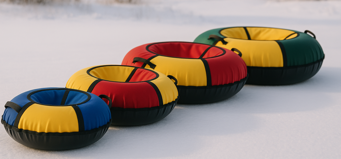 Овальный тюбинг с прочными ручками на заснеженном склоне с ровной колеёй