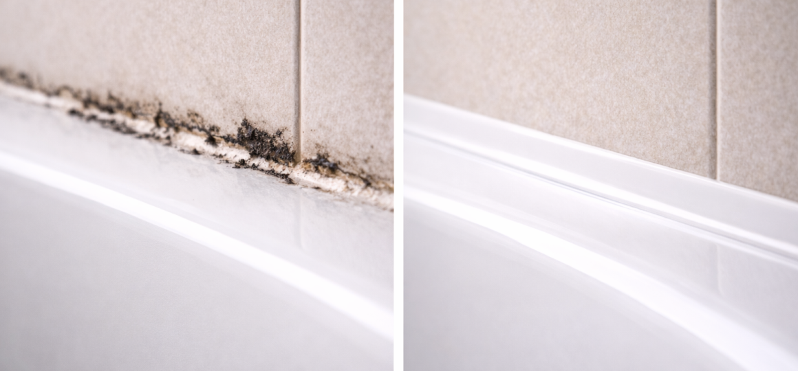 Удаление плесени и обновление герметика на стыке ванны и плитки