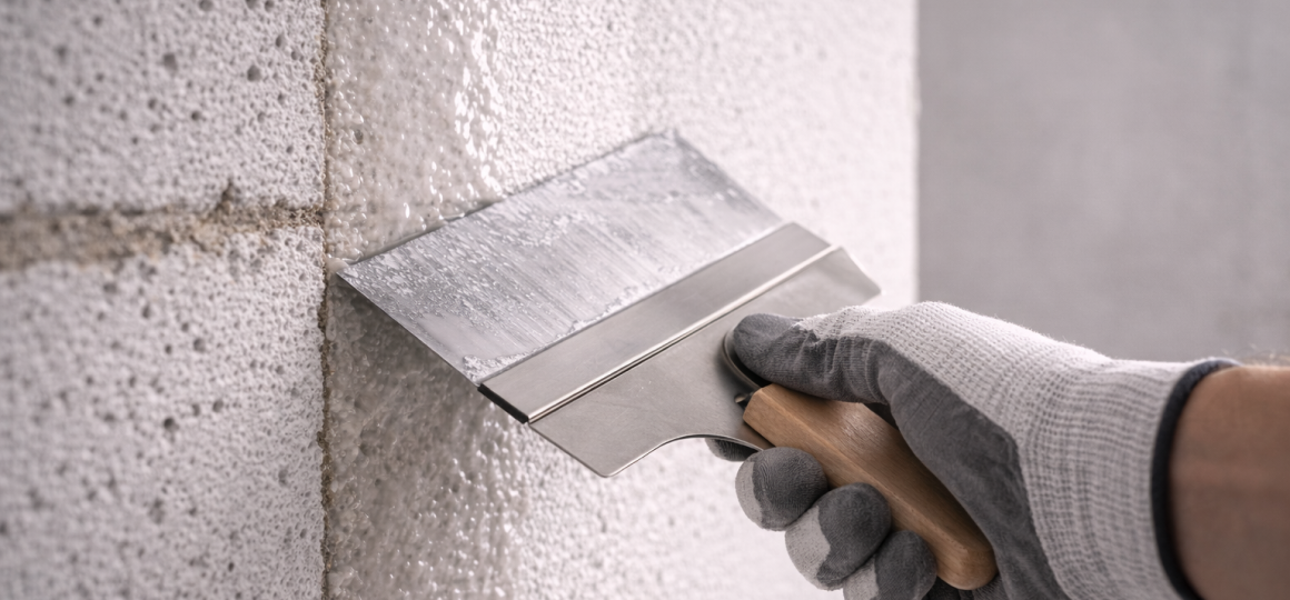 Выравнивание клеевого слоя на стене из пеноблоков металлическим шпателем