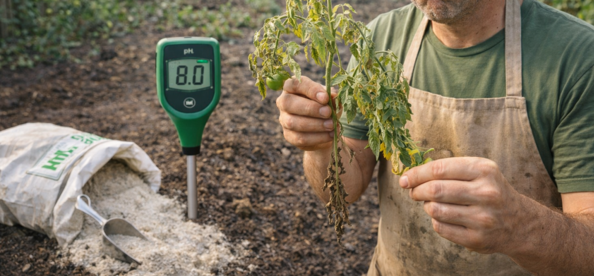 Высокий уровень pH почвы 8.0 и увядание растения томата на грядке