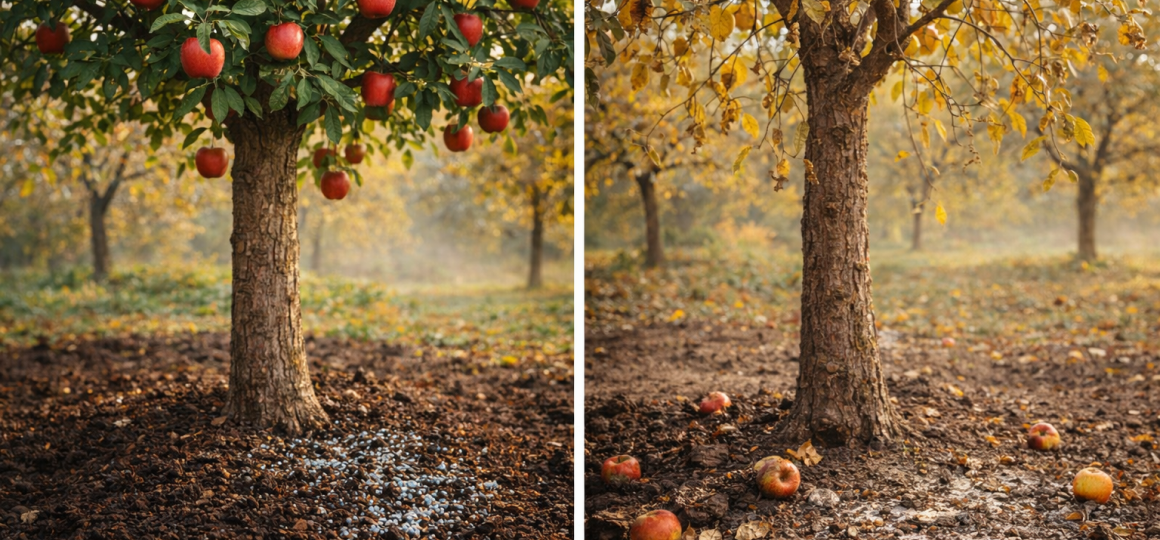 Внесение минеральных гранулированных удобрений под яблоню осенью для питания корневой системы