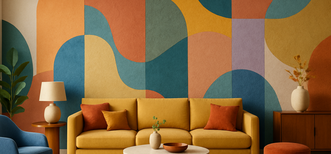 Светлая комната с обоями волнообразной яркой текстуры в пастельной палитре, мягкая матовая поверхность и минималистичная мебель