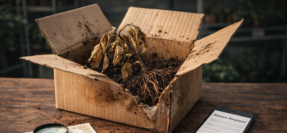 Засохший саженец с корнями в картонной коробке как пример некачественной доставки растения