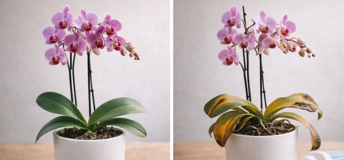 Здоровая и повреждённая орхидея фаленопсис в горшке сравнение состояния листьев при неправильном удобрении