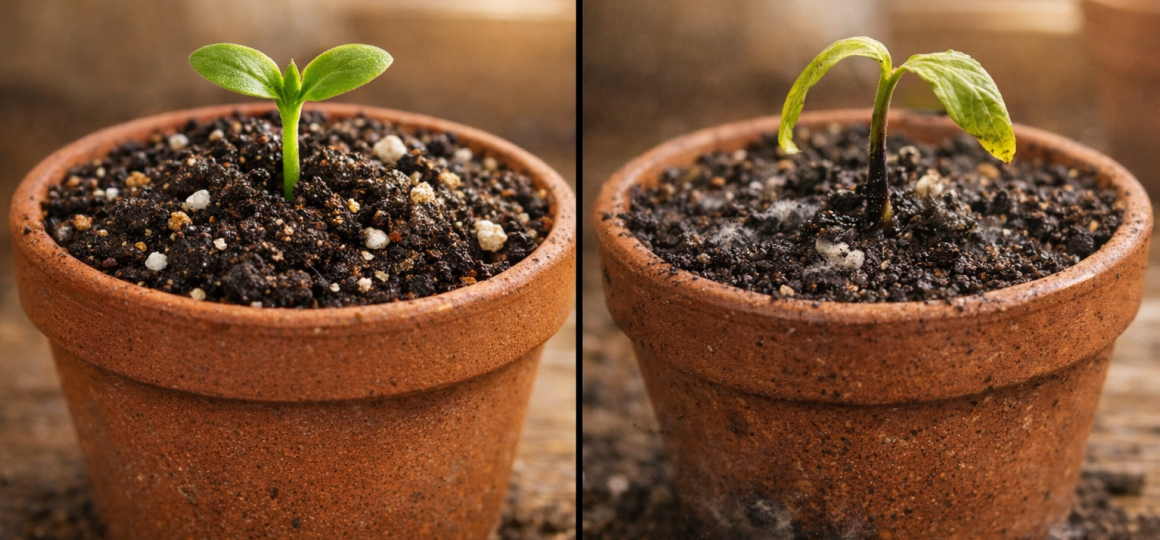 Здоровый и ослабленный росток растения в горшке сравнение качества грунта