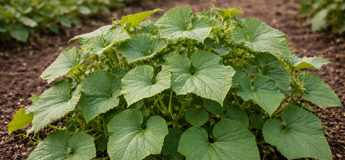 Здоровый куст огурца с крупными зелеными листьями на грядке в огороде