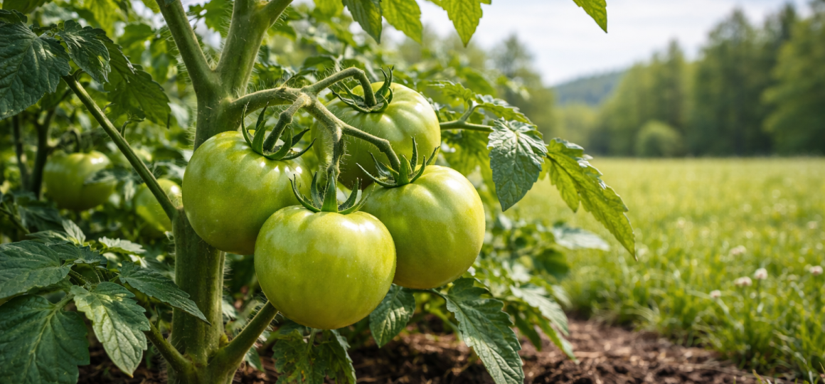Зелёные томаты на кусте в огороде на солнечном участке