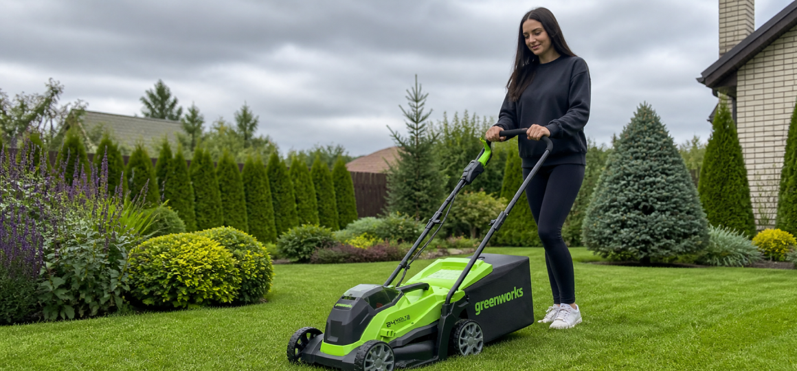 Женщина косит газон аккумуляторной газонокосилкой Greenworks на ухоженном участке возле частного дома среди декоративных кустарников хвойных растений и цветников как пример удобного ухода за лужайкой без бензина и удлинителя