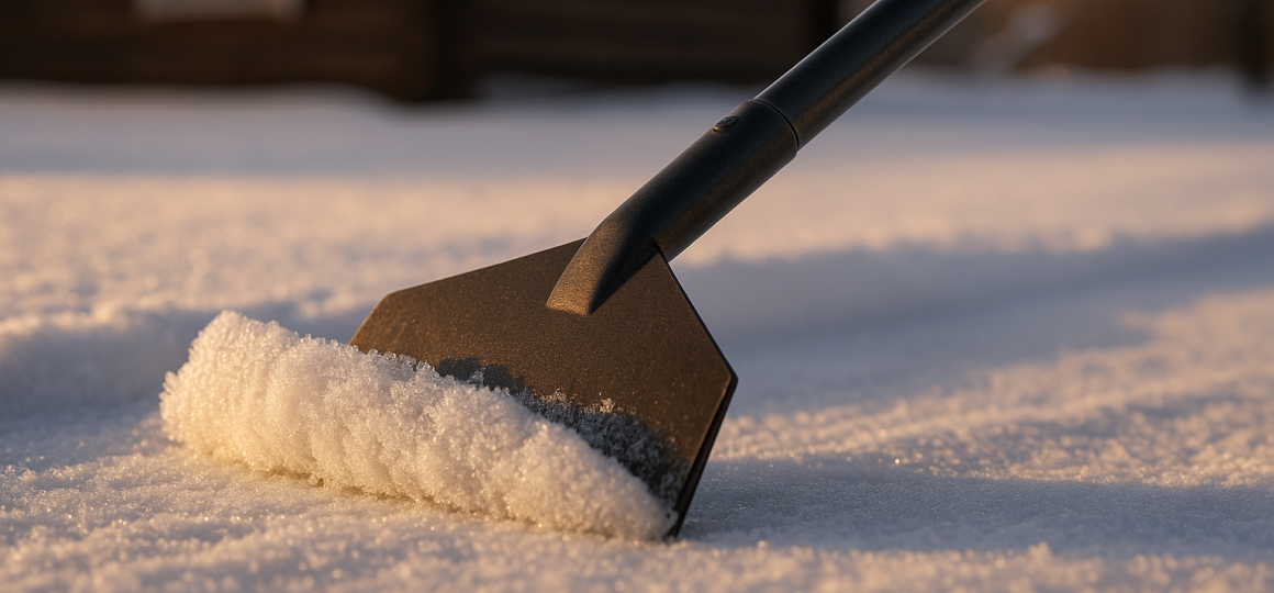 Металлический скребок с треугольным лезвием срезает плотный снег на дачном участке на фоне деревянного дома