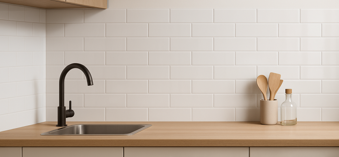 Интерьер кухни с белым плиточным фартуком и ровными швами, мягкий свет, демонстрация защищённой поверхности
