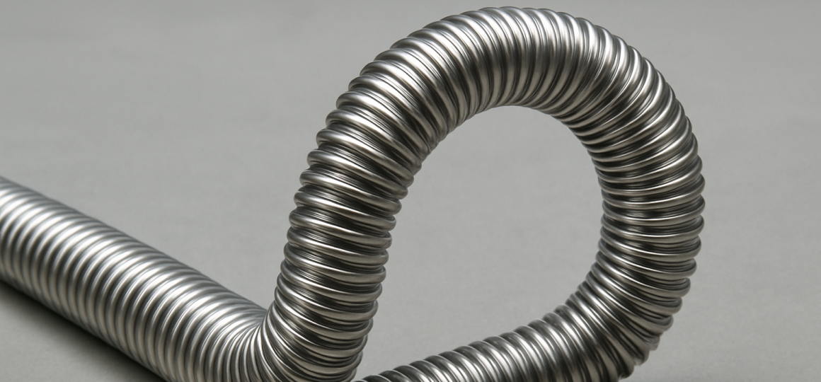 Гофрированная нержавеющая труба с ровным изгибом, детальная текстура металла, технический нейтральный фон.