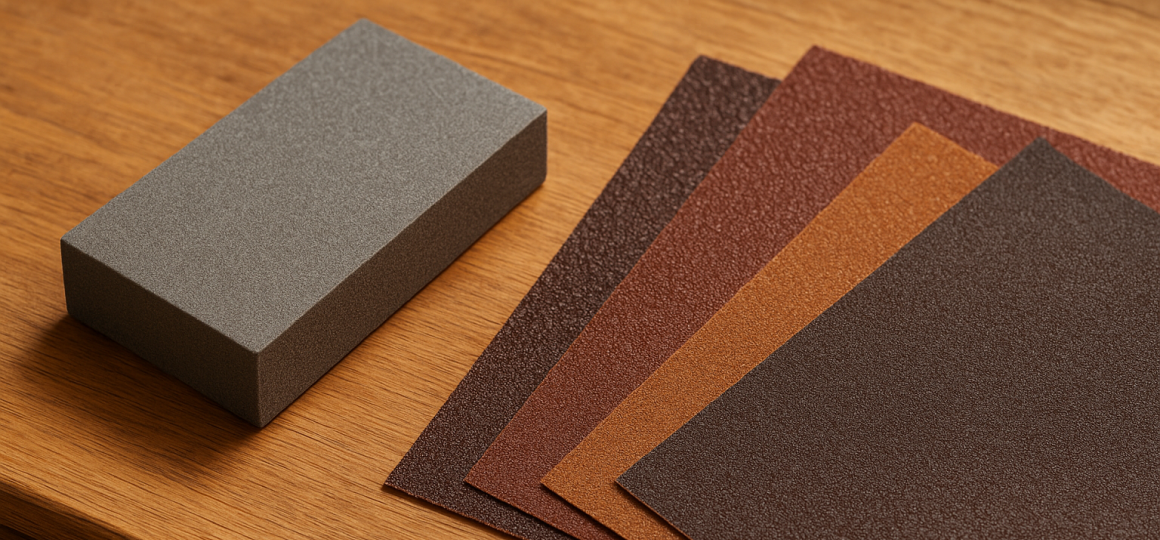 Шкурка шлифовальная, наждачная бумага, бруски Абразивный брусок и листы наждачной бумаги разной зернистости на деревянной панели, детальная текстура материалов.