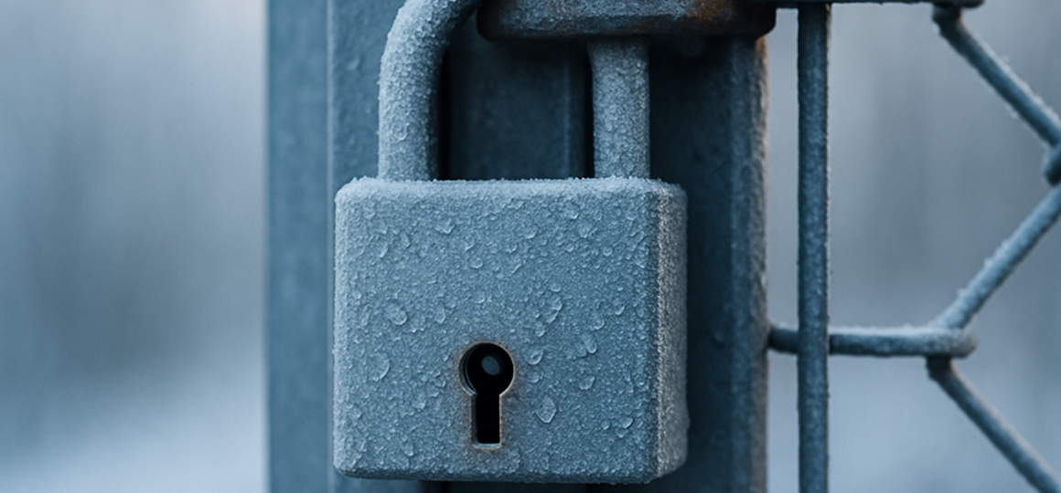 Металлический навесной замок, покрытый инеем и каплями замерзшей влаги, на воротах в морозную погоду