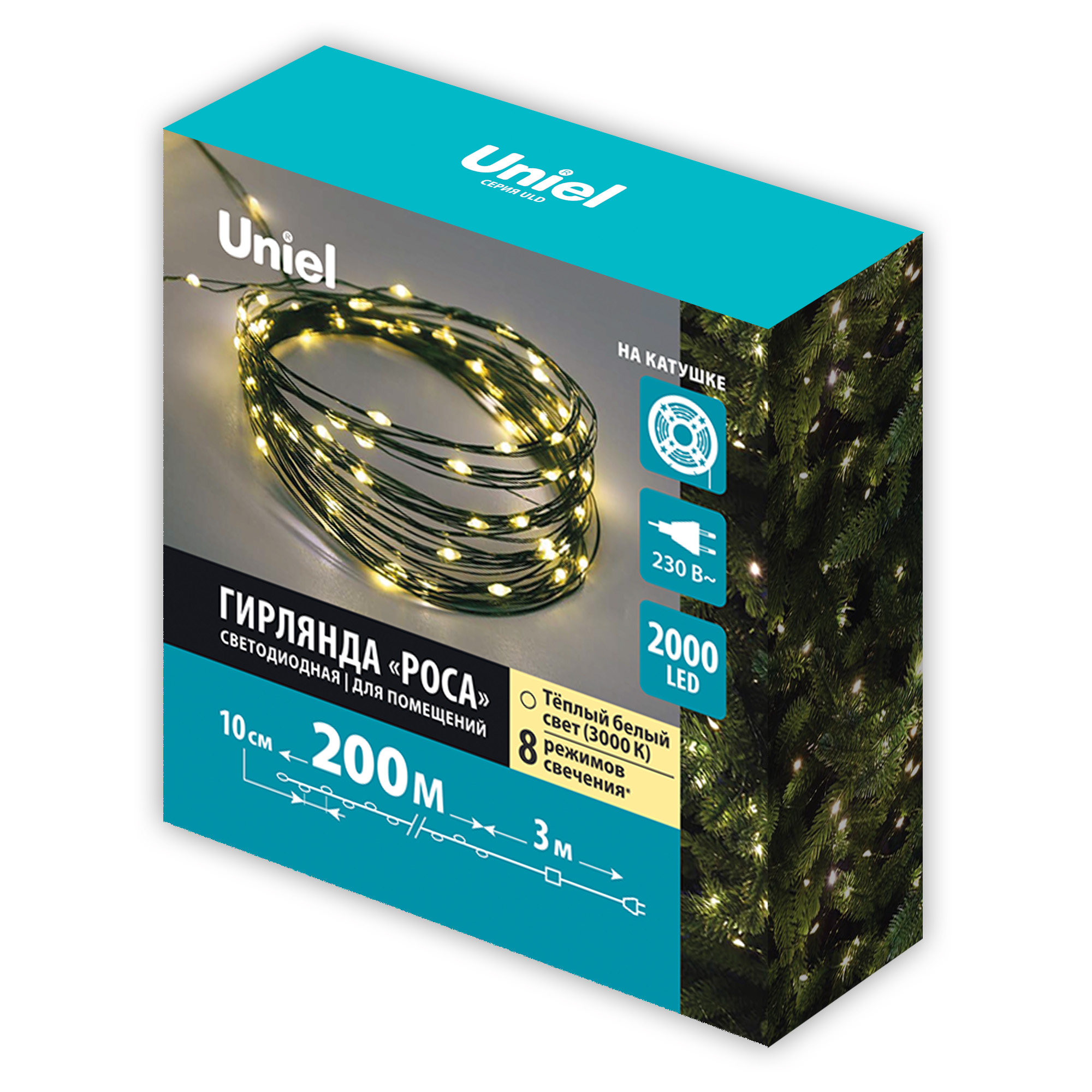 Гирлянда для дома Uniel Роса 200 м 2000 ламп LED зеленый пров, тепл белый ULD-S20000-2000/DGA