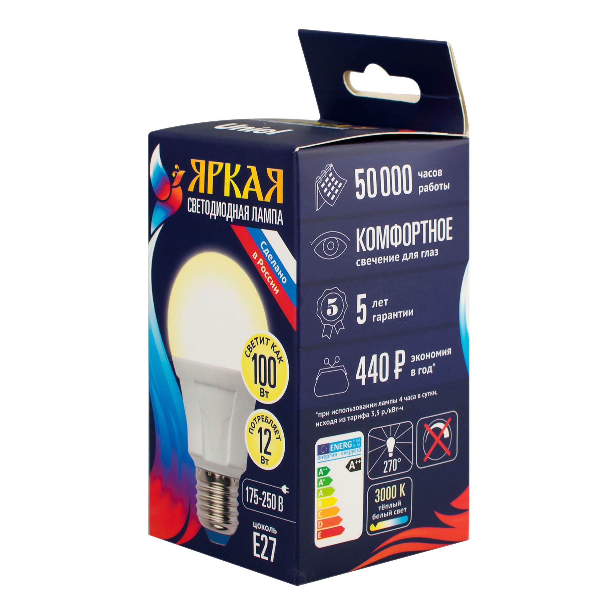 Лампа светодиодная теп.свет.Е27 12 Вт LED-A60 12W/WW/E27/FR PLP01WH Uniel