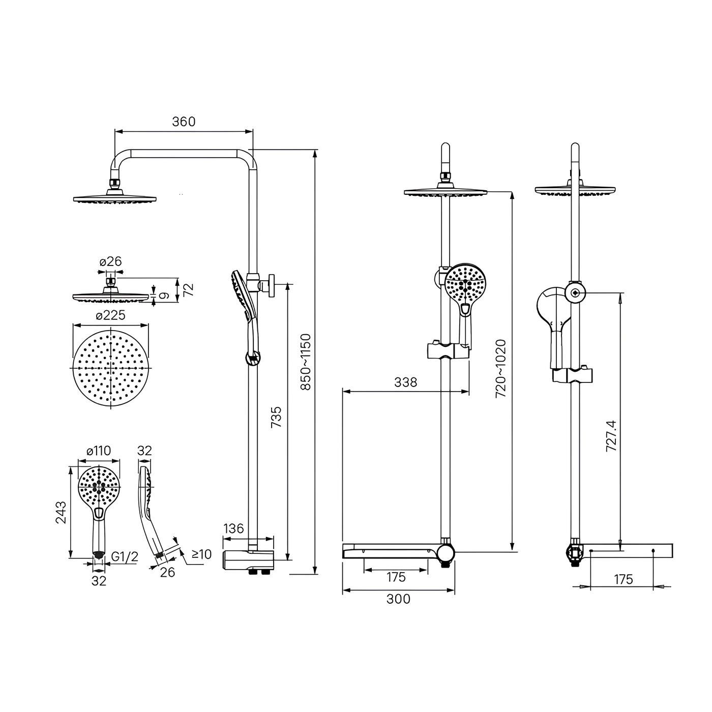Душевой гарнитур с верхней лейкой Iddis Ray RAYMS3Fi76 черный матовый