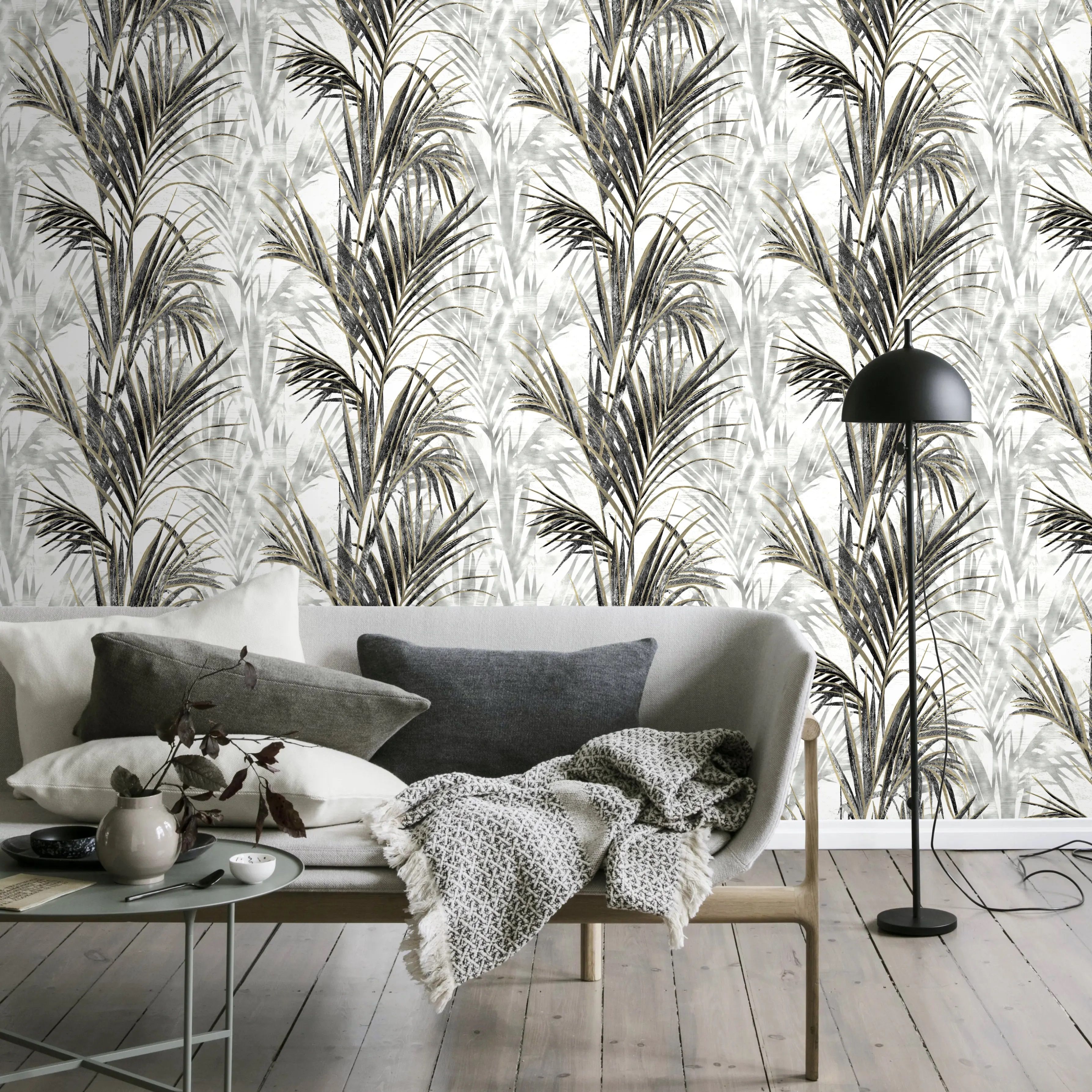 Обои Erismann Tanzania 60491-05 белые, серые с золотом листья пальмы 1,06х10,05 м