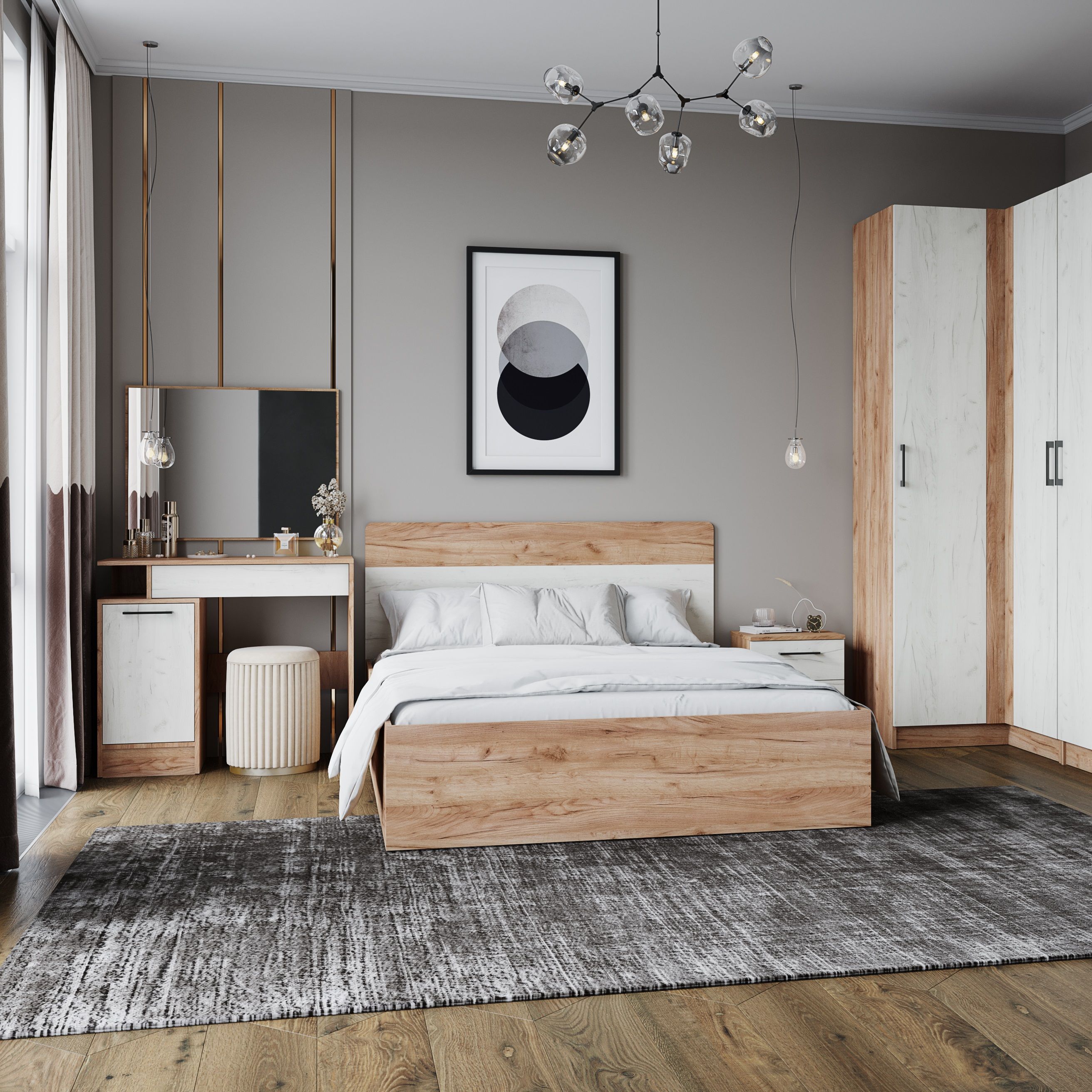 Кровать Вегас 1600х2000 мм Дуб крафт табачный/Дуб крафт белый с ортопед основанием на опорах