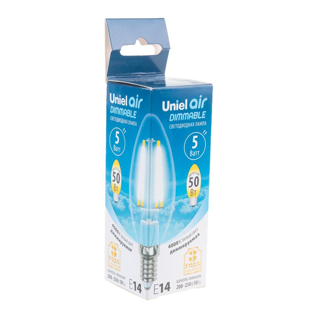 Лампа светодиод.диммируемая LED-C35-5W/NW/E14/CL/DIM 450Лм GLA01TR Форма "свеча", прозрачная. Серия Air. Белый свет (4000K). Картон. ТМ Uniel